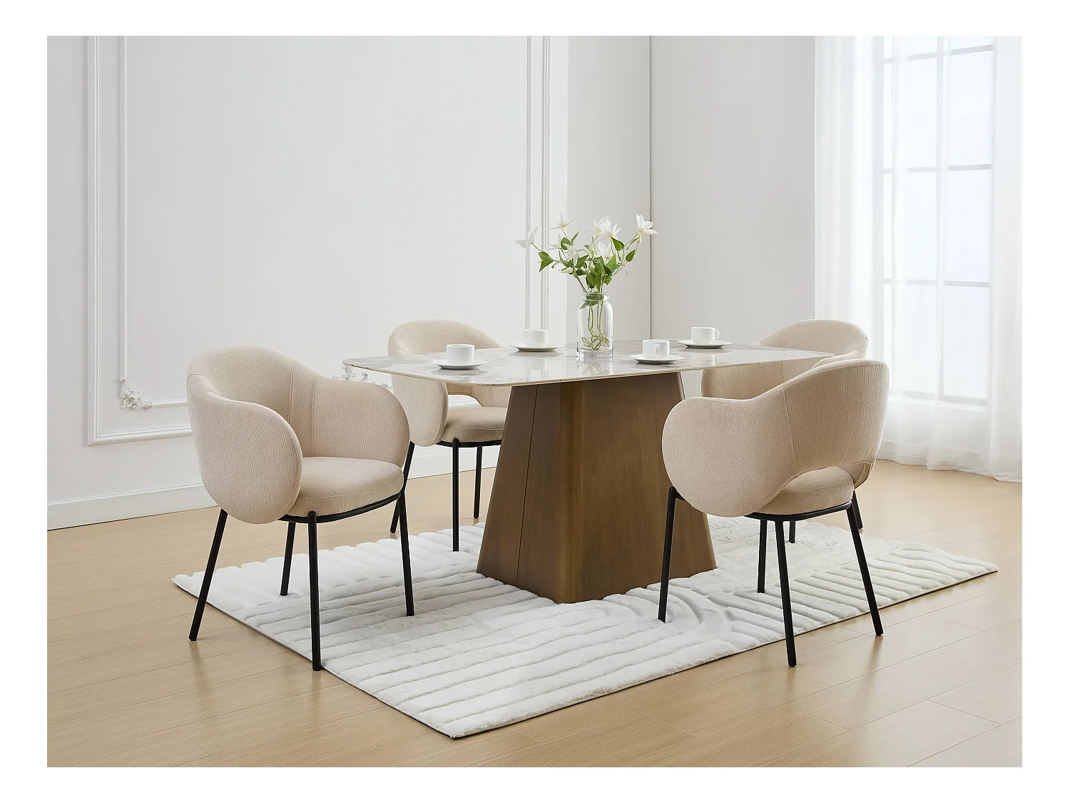 Lot de 6 chaises avec accoudoirs en tissu texturé et métal noir - Beige - ACACILIO