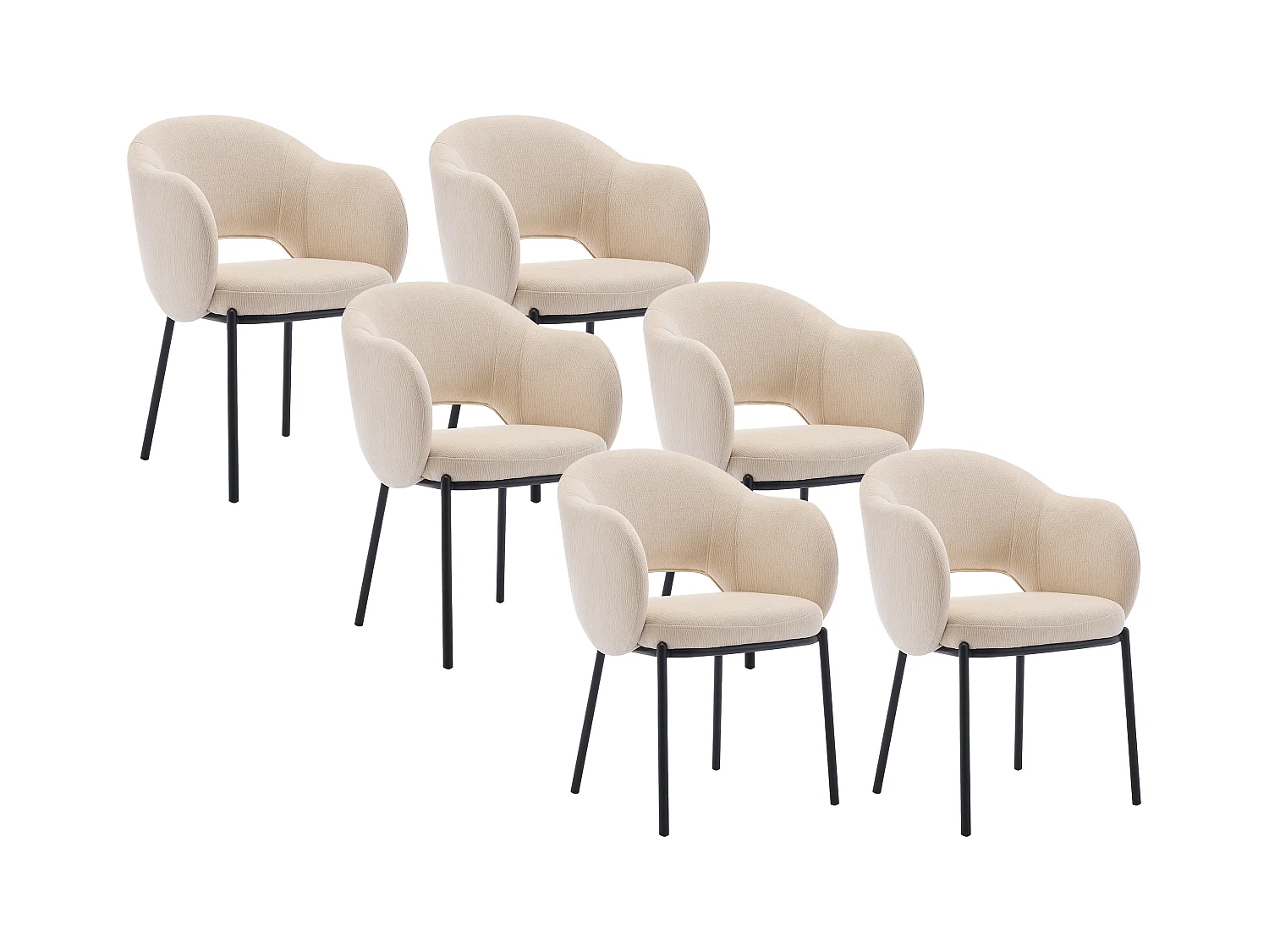 Lot de 6 chaises avec accoudoirs en tissu texturé et métal noir - Beige - ACACILIO
