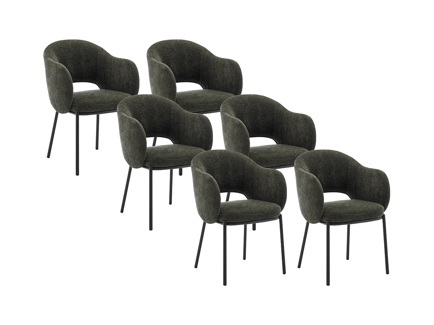 Conjunto de 6 cadeiras com apoios de braço em tecido texturizado e metal preto cor verde - ACACILIO