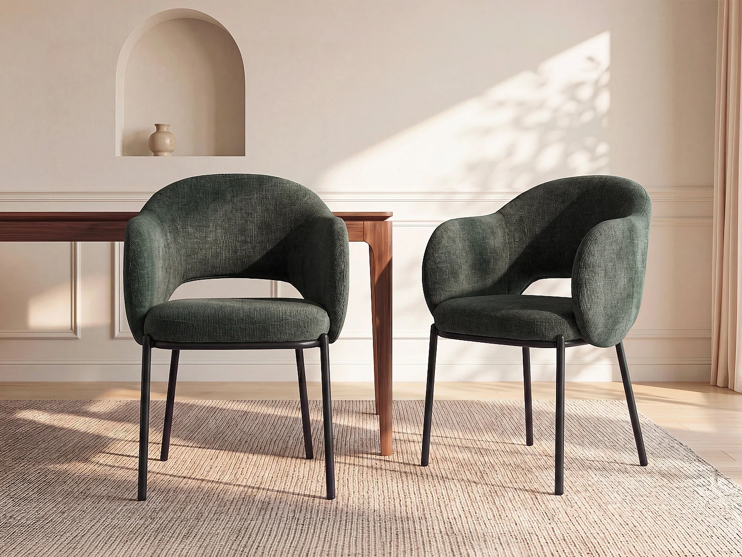 Lot de 6 chaises avec accoudoirs en tissu texturé et métal noir - Vert - ACACILIO