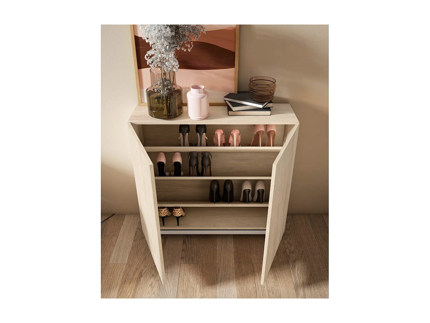 Zapatero 2 puertas modelo 513 acabado roble oscuro patas blancas, 90x90x27 (alto x ancho x