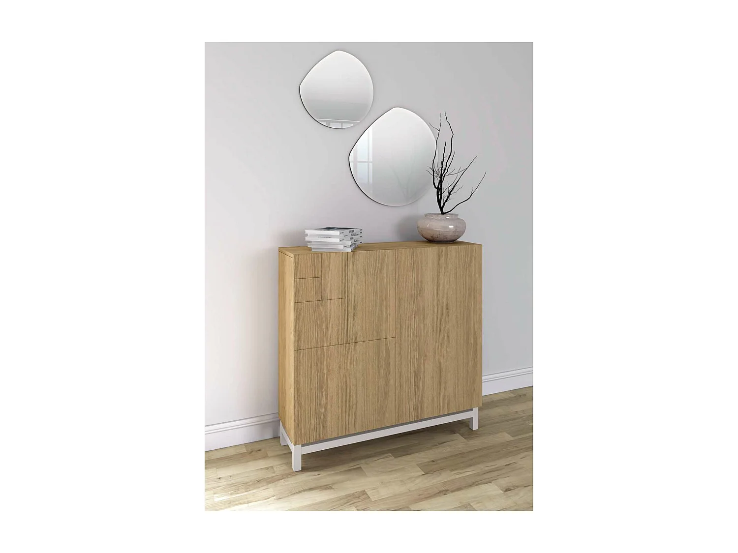 Zapatero 2 puertas modelo 513 acabado roble oscuro patas blancas, 90x90x27 (alto x ancho x