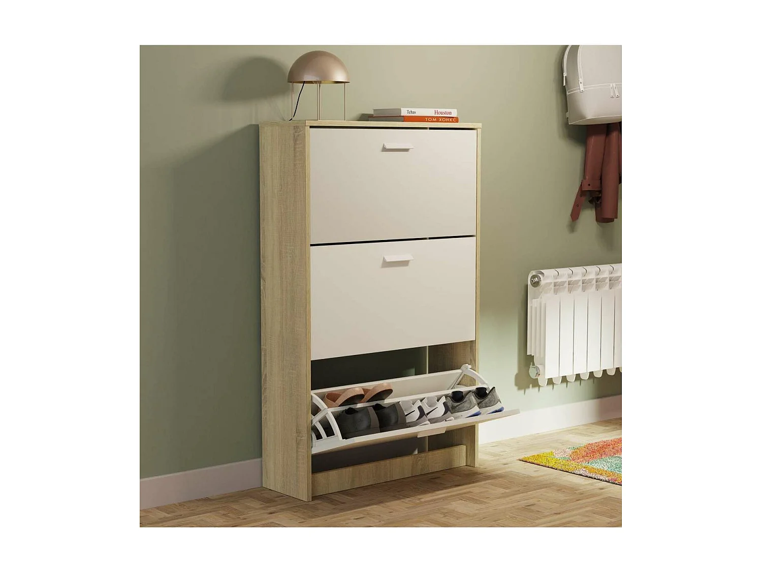 Zapatero 3 trampones Toledo en roble cambrian/blanco. 74cm(ancho) 119.5cm(altura) 25cm(fon