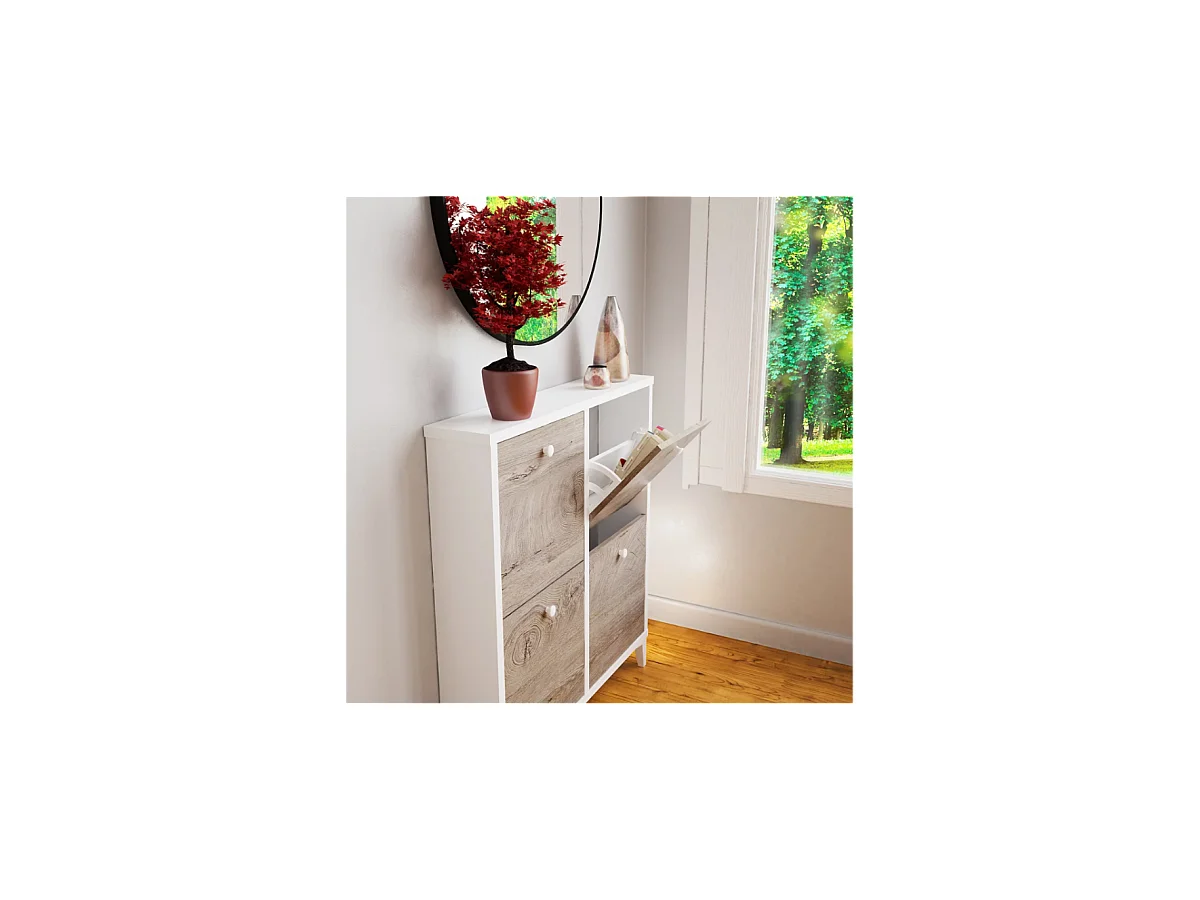 Zapatero cuatro trampones blanco y roble. 91 cm(ancho) 101 cm(altura) 20 cm(fondo)