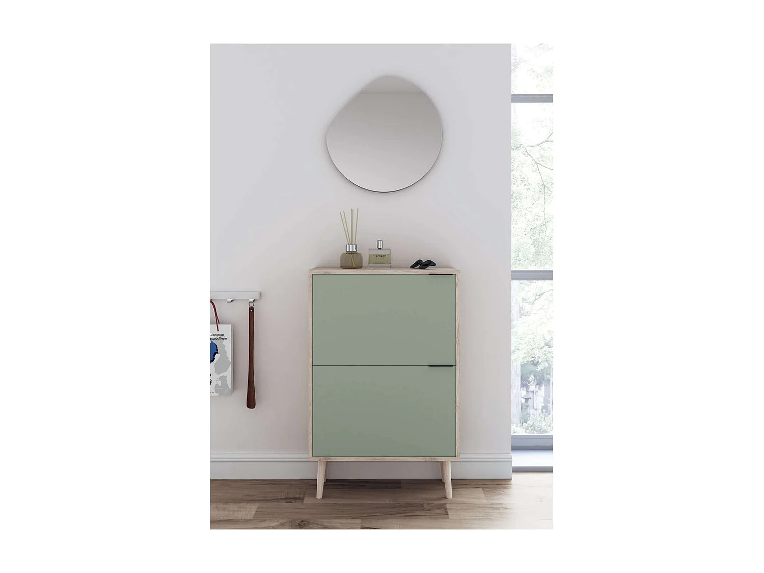 Zapatero 2 trampones modelo 527 acabado roble claro/verde, 92x60x25 (alto x ancho x fondo)