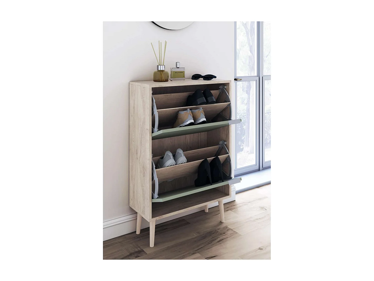 Zapatero 2 trampones modelo 527 acabado roble claro/verde, 92x60x25 (alto x ancho x fondo)