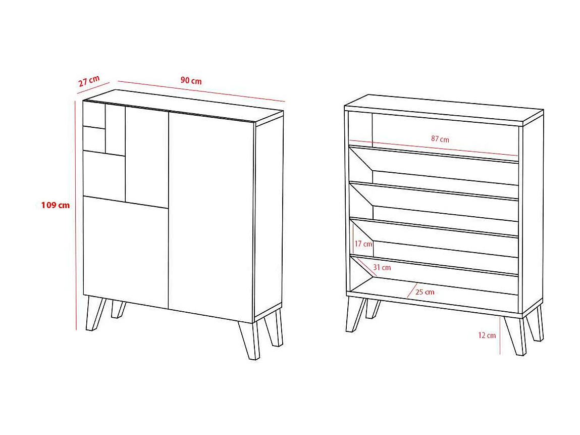 Zapatero 2 puertas modelo 514 acabado roble oscuro  vallado patas negras, 112x90x27 (alto