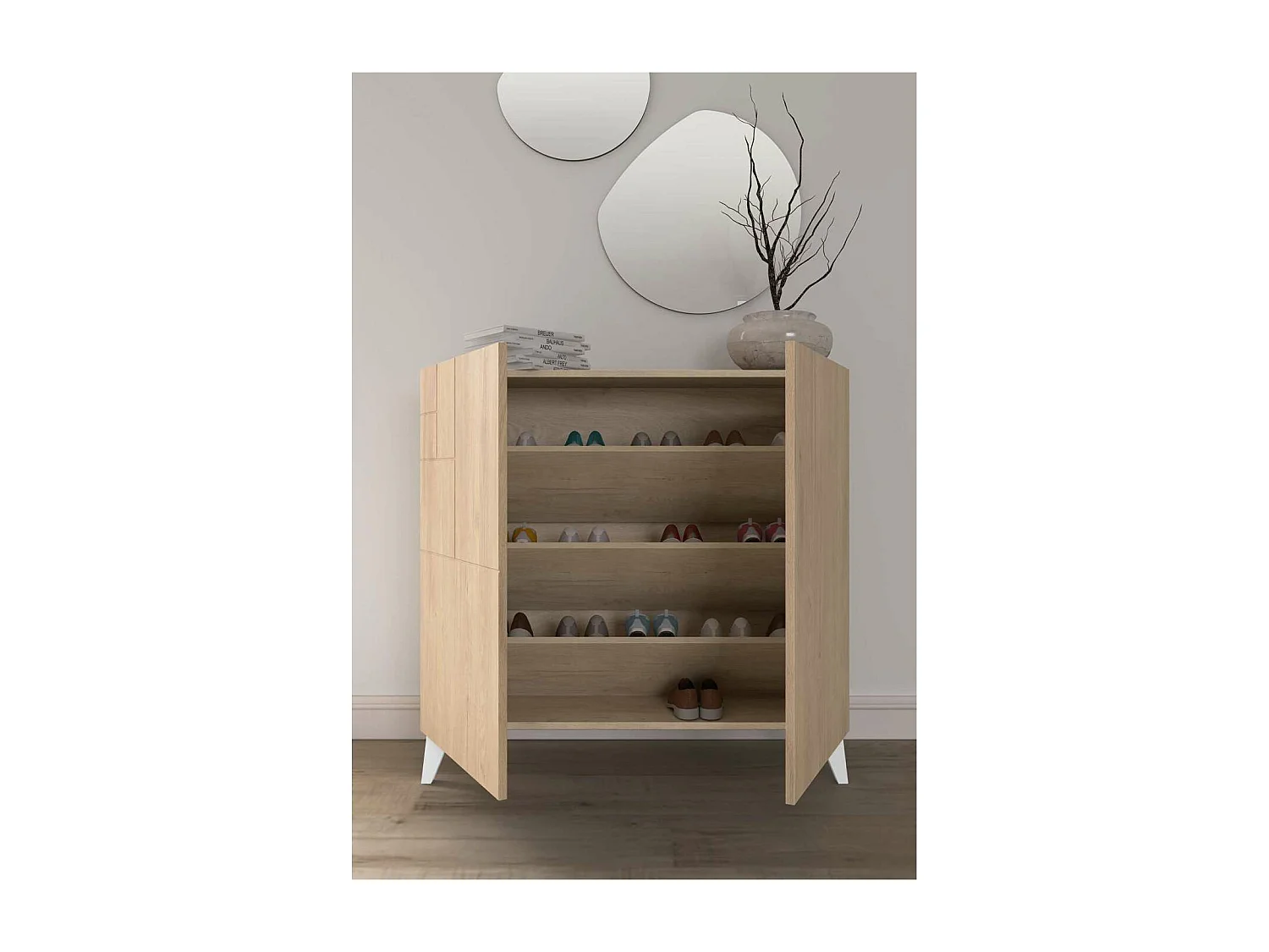 Zapatero modelo 512 acabado roble claro patas blancas, 90x90x27 (alto x ancho x fondo)