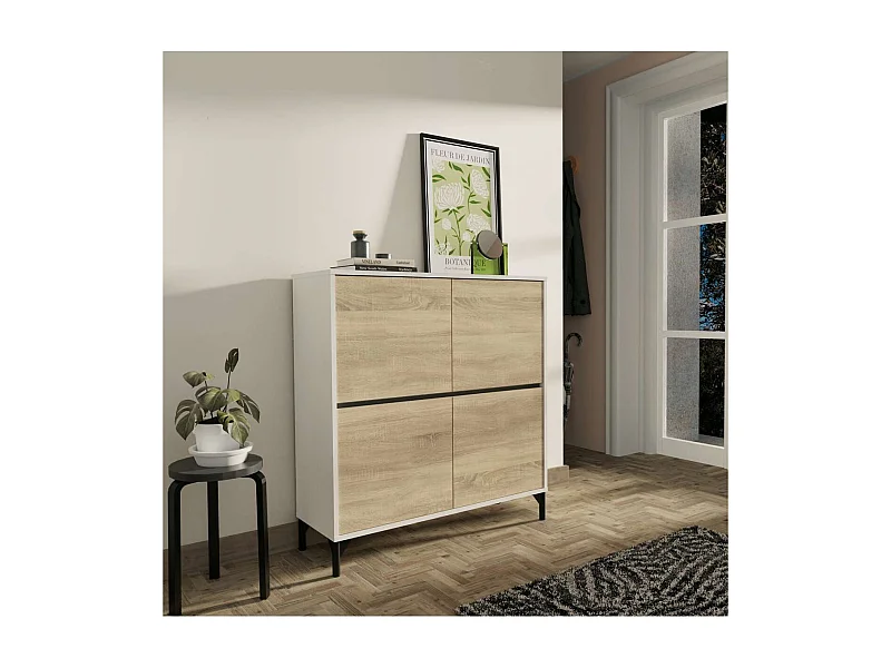 Zapatero 4 puertas Tokio en roble cambrian/blanco. 101cm(ancho) 96.5cm(altura) 33cm(fondo)