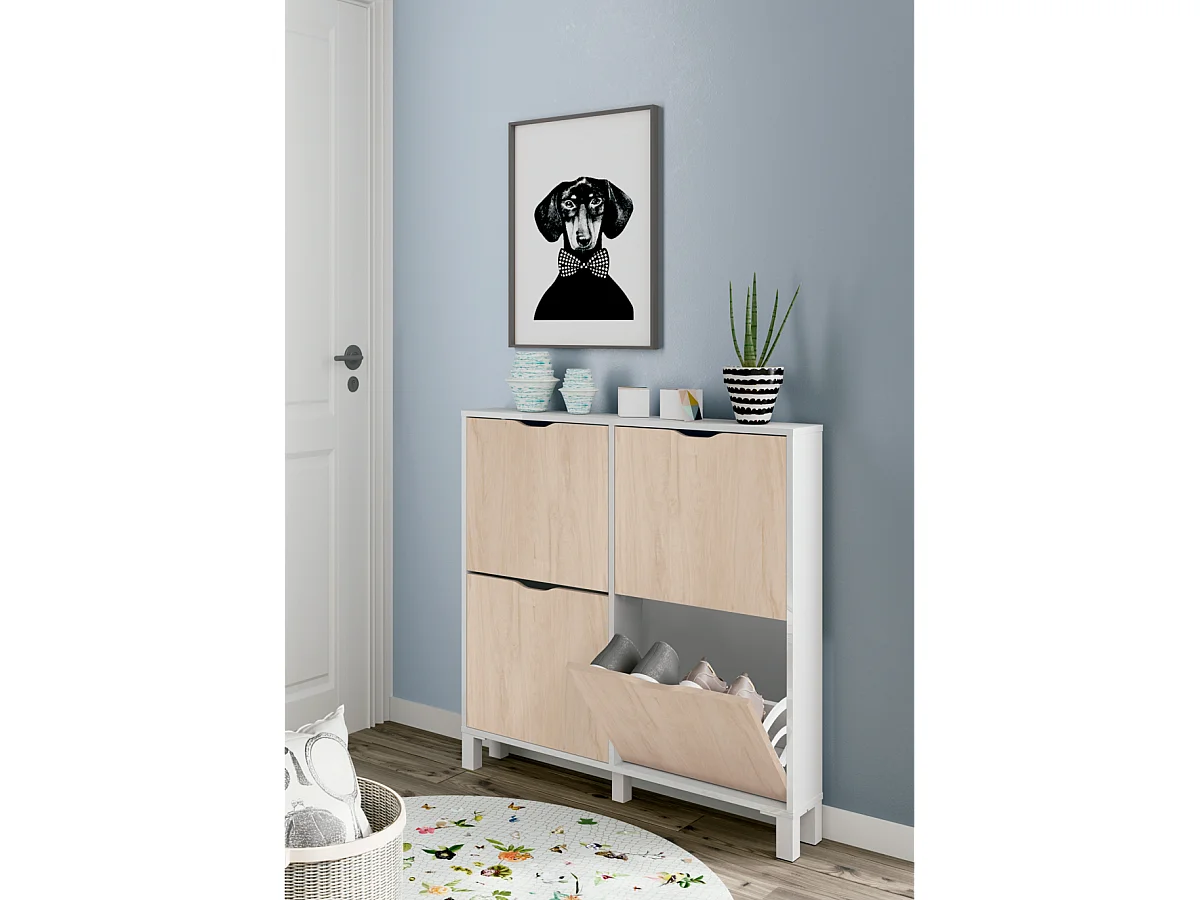 Zapatero 4 trampones Kay en blanco brillo y roble aurora. 97 cm(ancho) 98 cm(altura) 17 cm