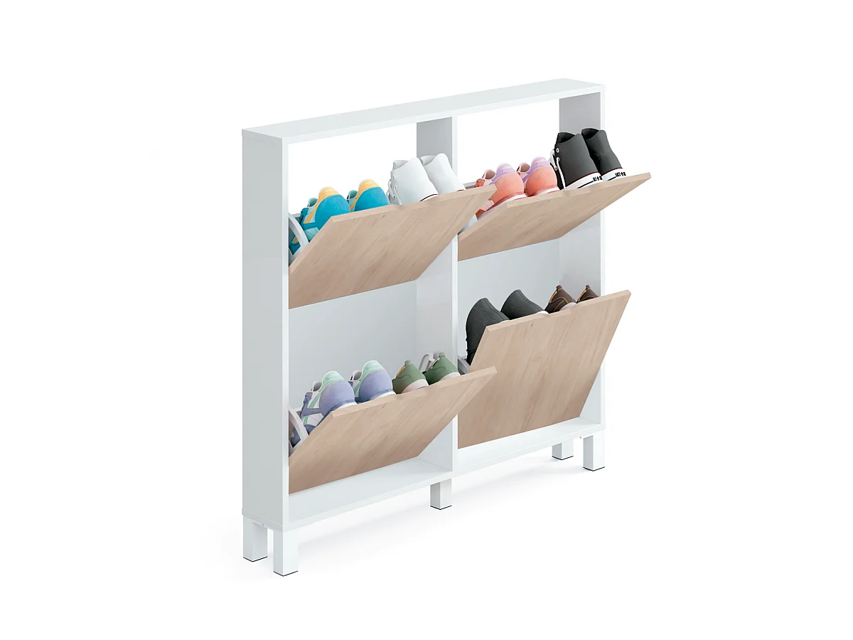 Zapatero 4 trampones Kay en blanco brillo y roble aurora. 97 cm(ancho) 98 cm(altura) 17 cm