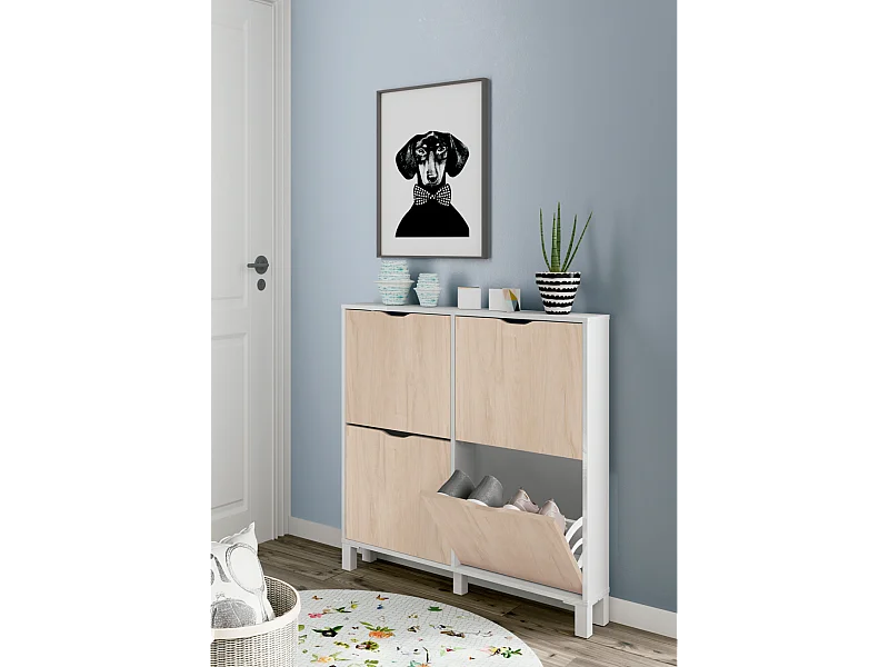 Zapatero 4 trampones Kay en blanco brillo y roble aurora. 97 cm(ancho) 98 cm(altura) 17 cm