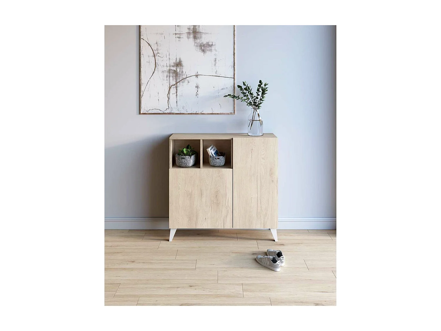 Zapatero modelo 510, acabado roble claro, patas blanco, 90x90x26 (alto x ancho x fondo)