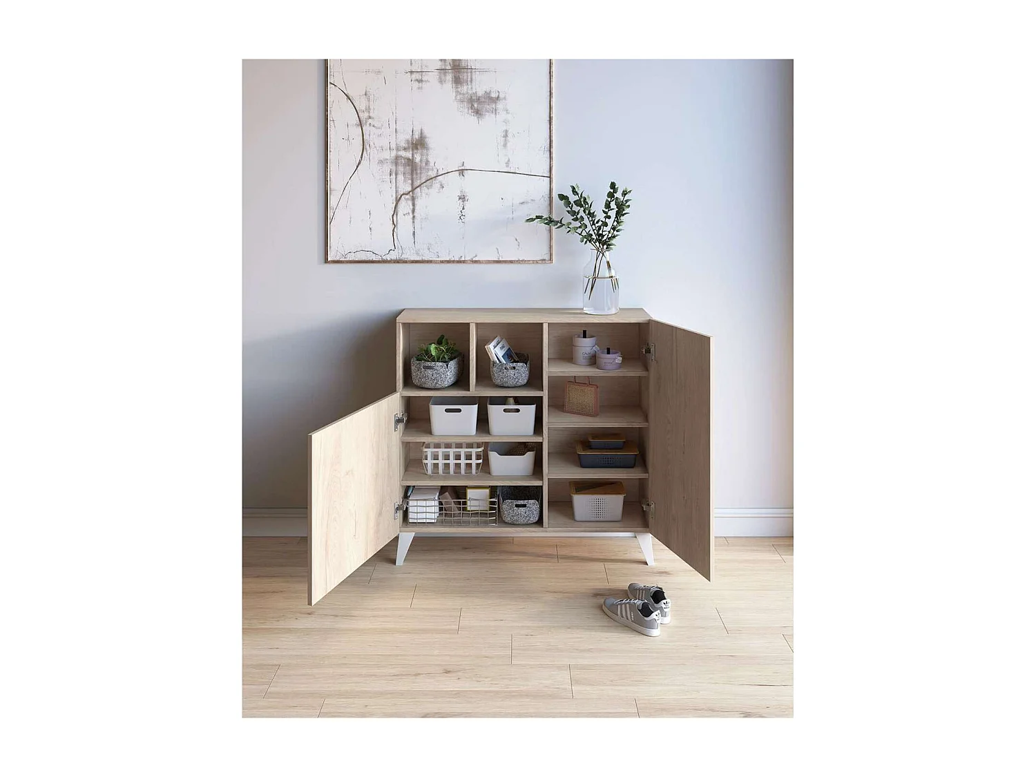 Zapatero modelo 510, acabado roble claro, patas blanco, 90x90x26 (alto x ancho x fondo)