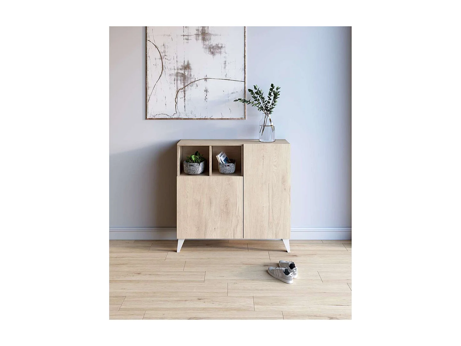 Zapatero modelo 510, acabado roble claro, patas blanco, 90x90x26 (alto x ancho x fondo)