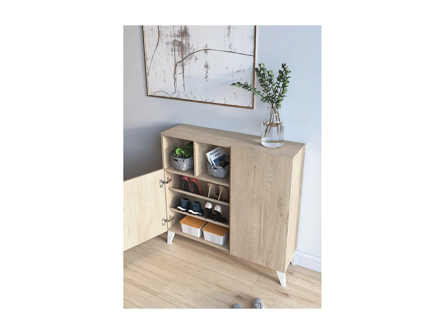 Zapatero modelo 510, acabado roble claro, patas blanco, 90x90x26 (alto x ancho x fondo)