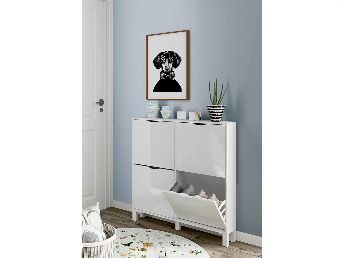 Zapatero 4 trampones Kay en blanco brillo. 97 cm(ancho) 98 cm(altura) 17 cm(fondo)