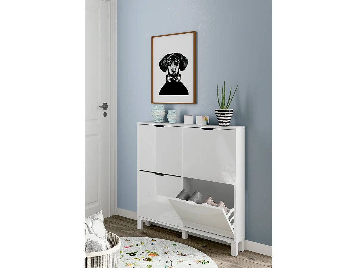 Zapatero 4 trampones Kay en blanco brillo. 97 cm(ancho) 98 cm(altura) 17 cm(fondo)