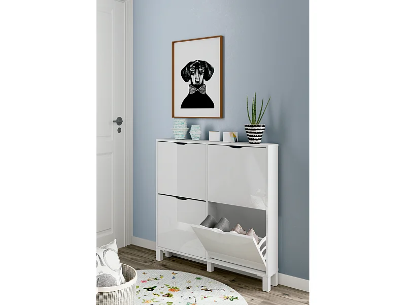 Zapatero 4 trampones Kay en blanco brillo. 97 cm(ancho) 98 cm(altura) 17 cm(fondo)