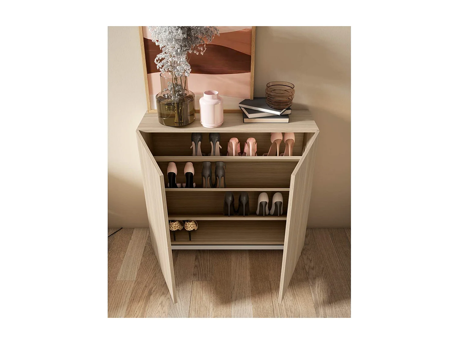 Zapatero 2 puertas modelo 513 acabado nogal oscuro patas blancas, 90x90x27 (alto x ancho x