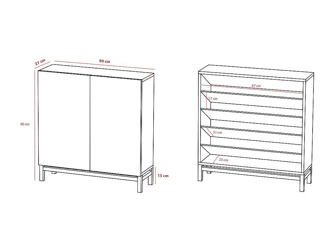 Zapatero 2 puertas modelo 513 acabado roble vallado, 90x90x27 (alto x ancho x fondo)