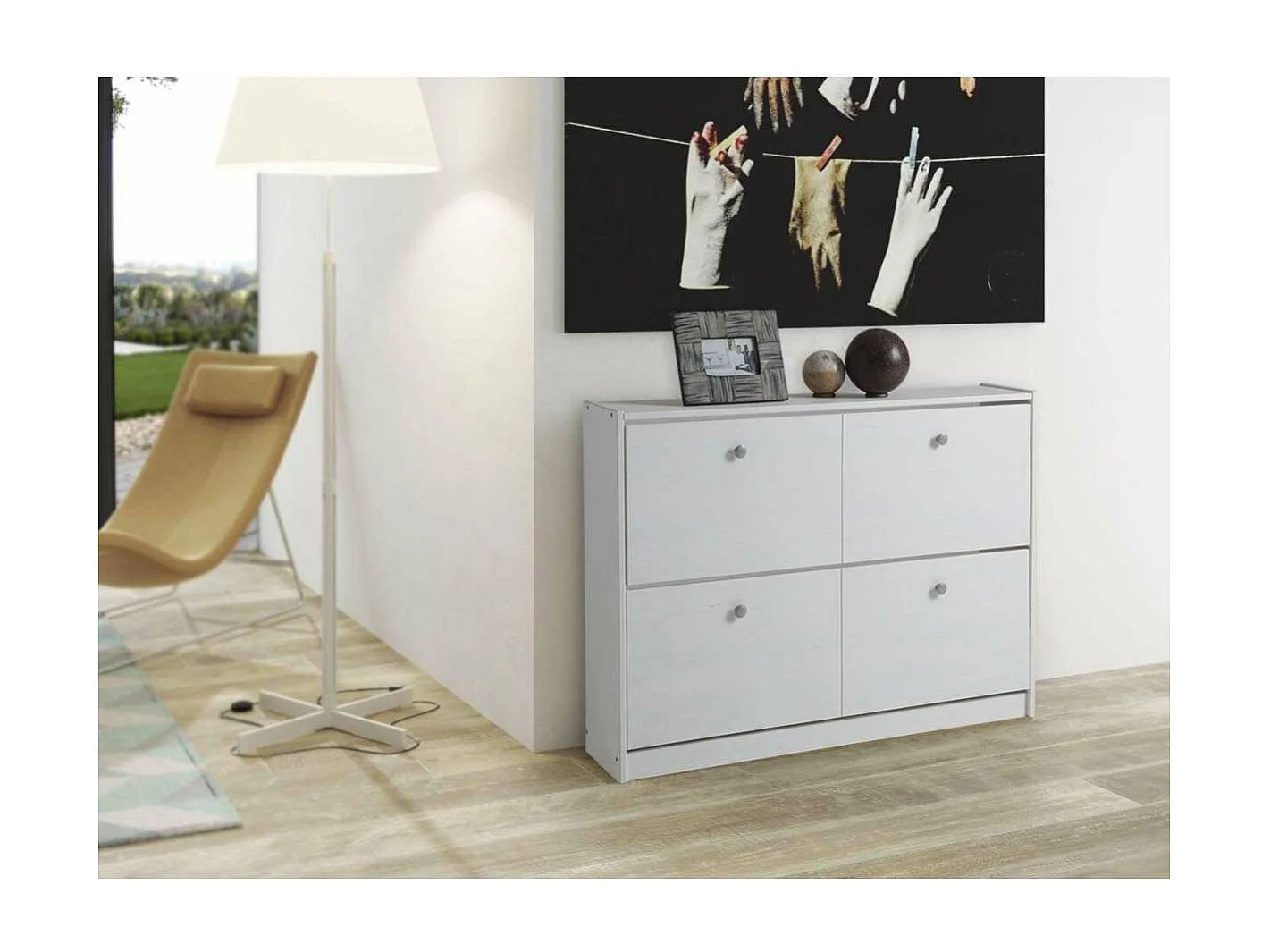 Zapatero de madera dos trampones tabac en acabado blanco lavado 80 cm(alto)110 cm(ancho)23