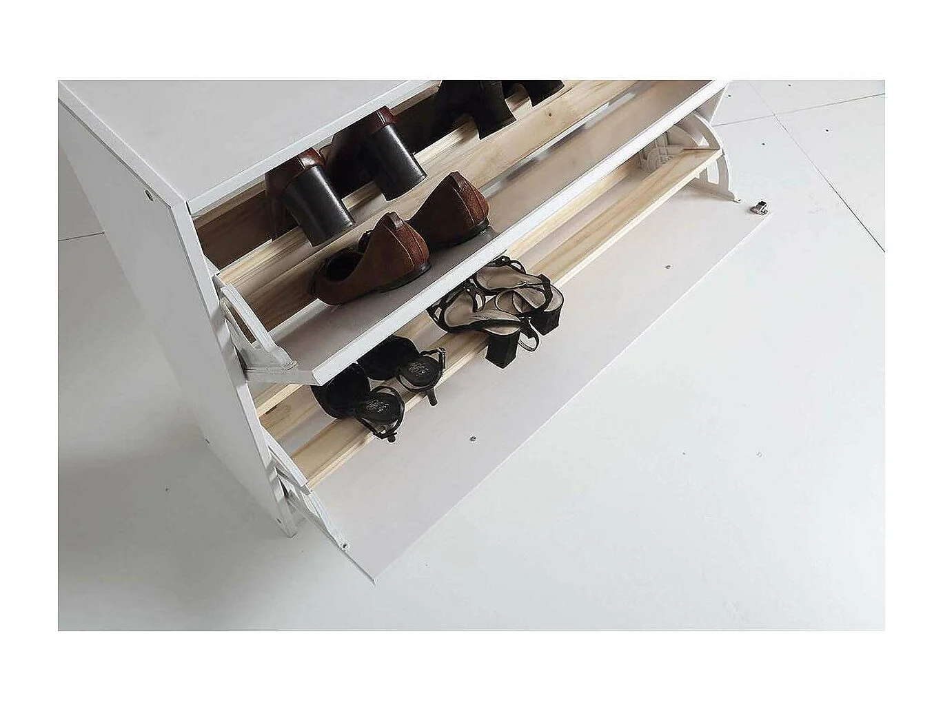 Zapatero de madera dos trampones tabac en acabado blanco lavado 80 cm(alto)110 cm(ancho)23