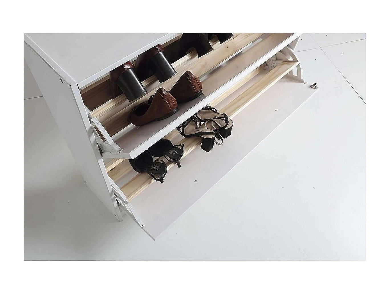 Zapatero de madera dos trampones tabac en acabado blanco lavado 80 cm(alto)110 cm(ancho)23
