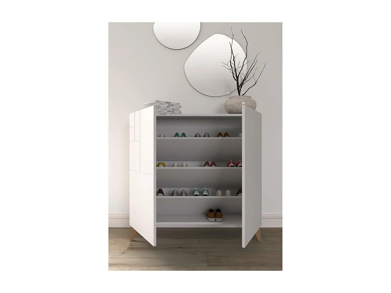 Zapatero modelo 512 acabado blanco patas nogal claro, 90x90x27 (alto x ancho x fondo)