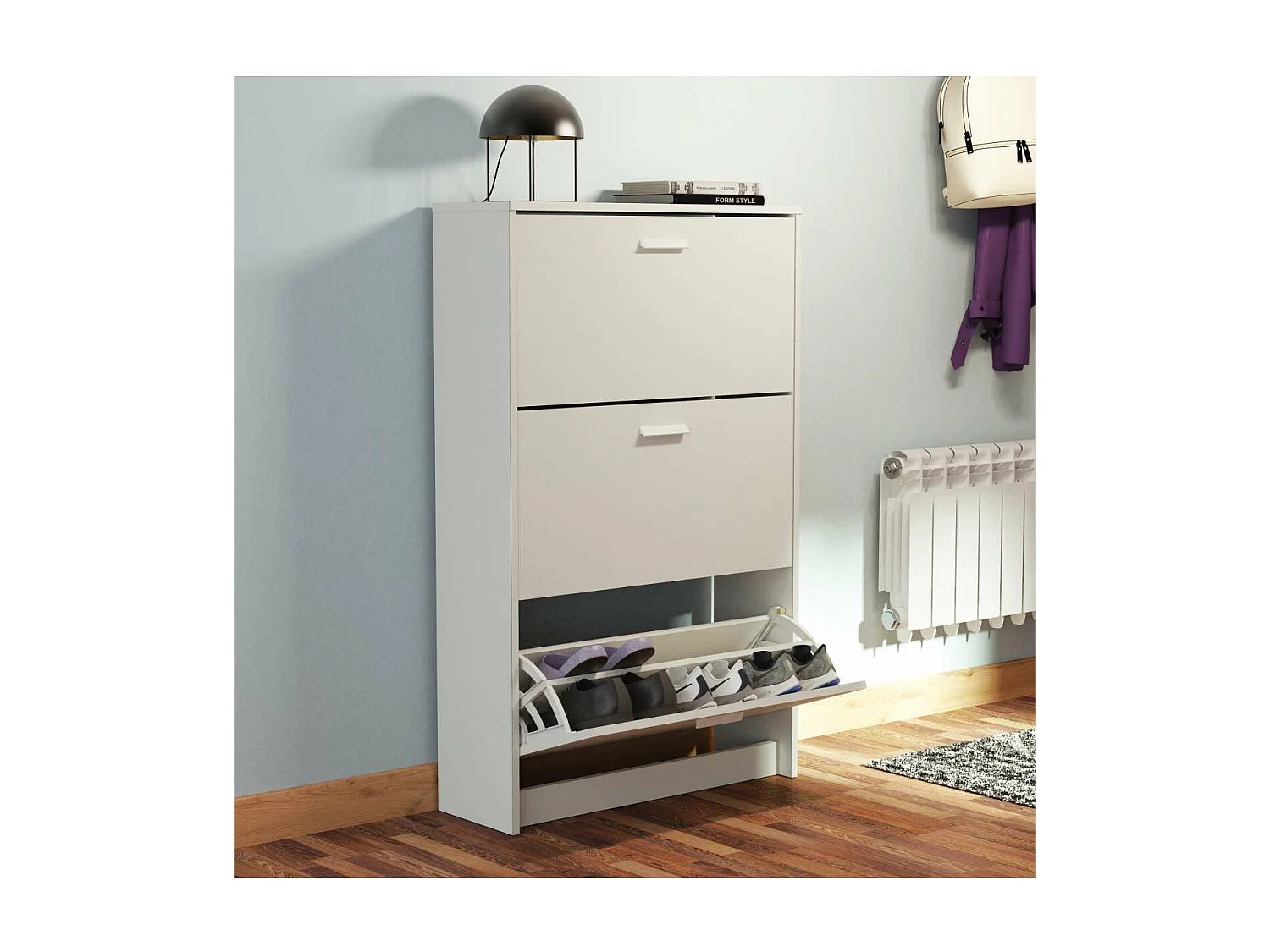 Zapatero 3 trampones Toledo en blanco. 74cm(ancho) 119.5cm(altura) 25cm(fondo)