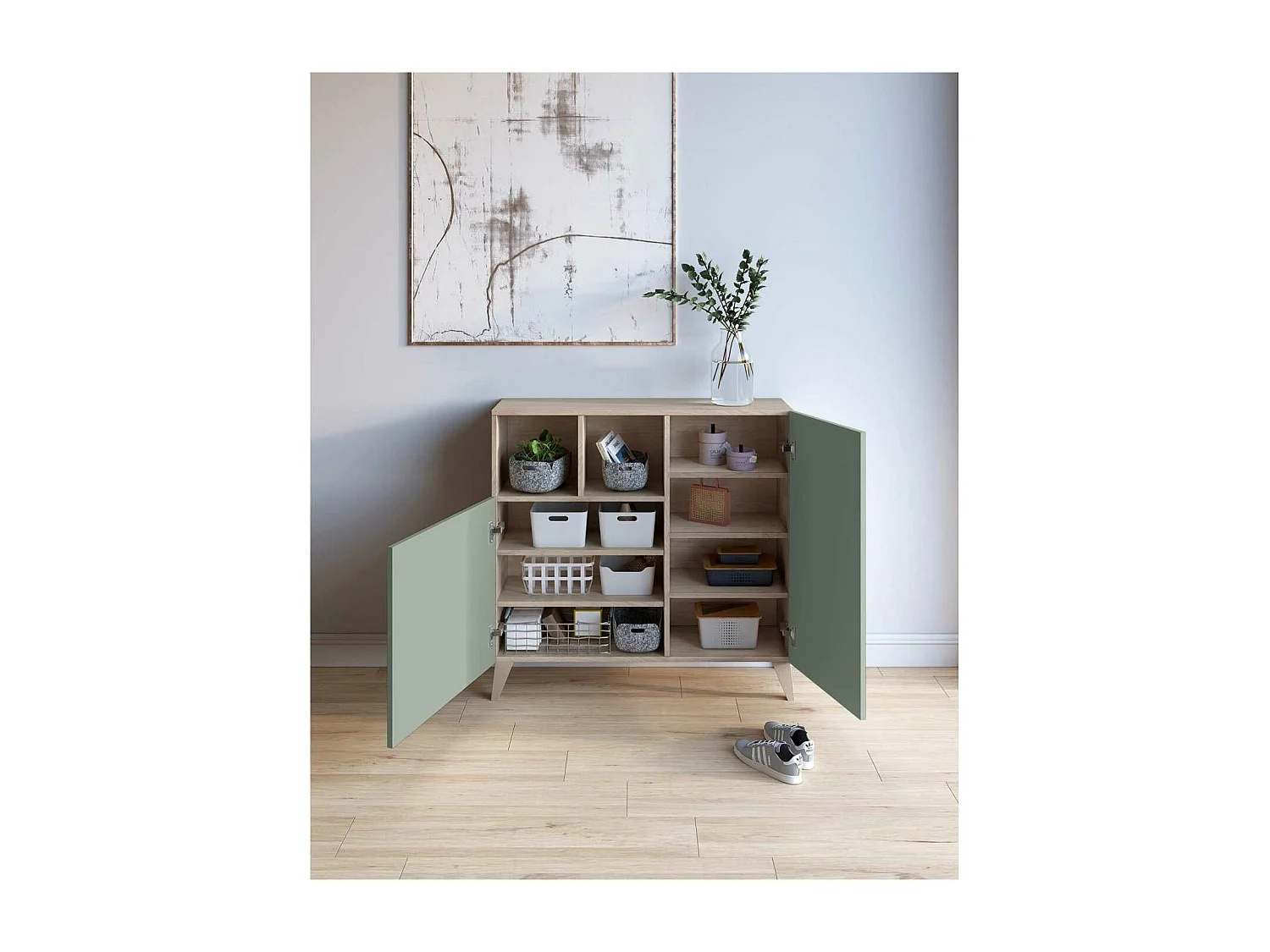 Recibidor zapatero modelo 510 acabado roble/verde, 90x90x26 (alto x ancho x fondo)