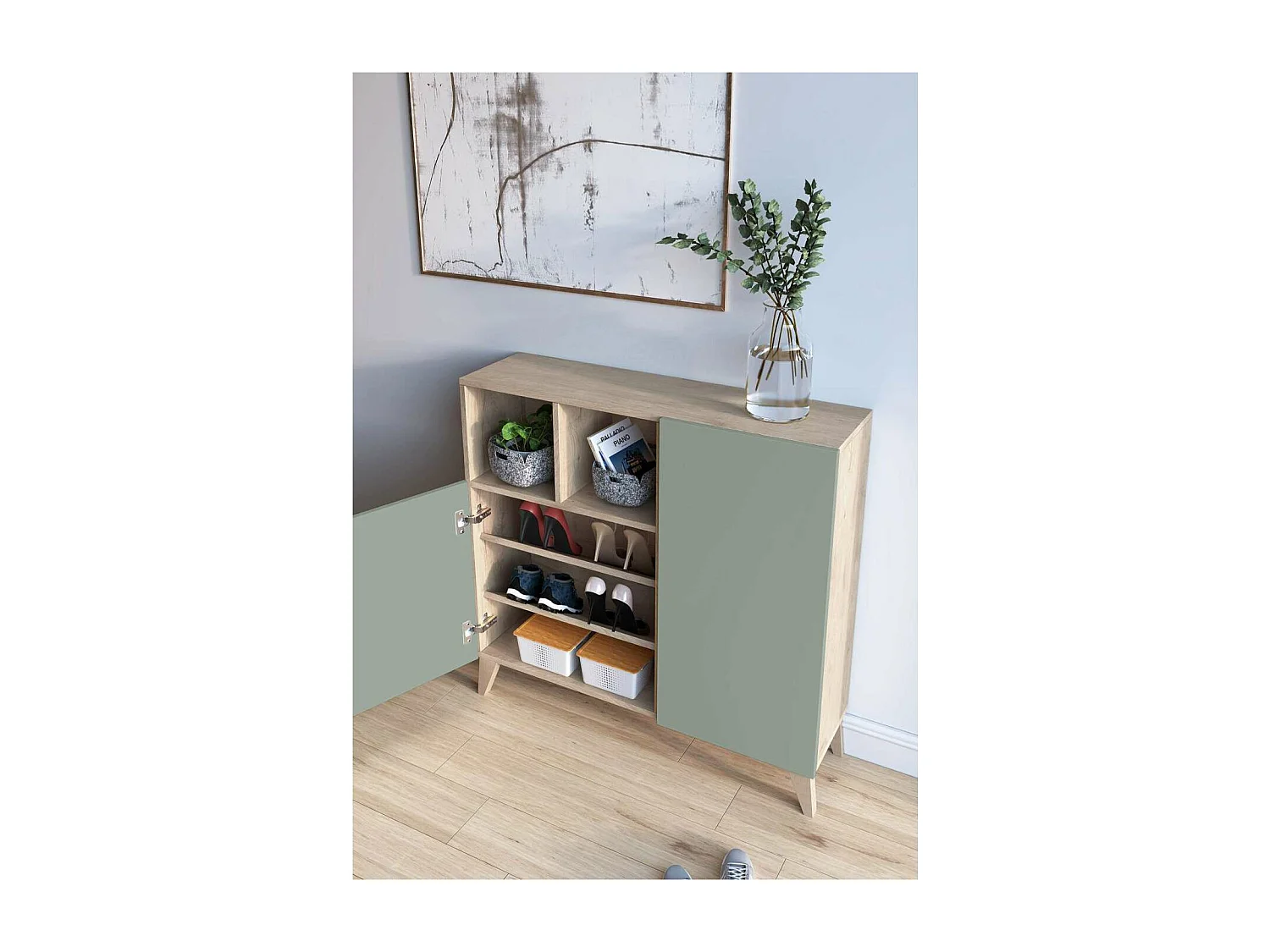 Recibidor zapatero modelo 510 acabado roble/verde, 90x90x26 (alto x ancho x fondo)