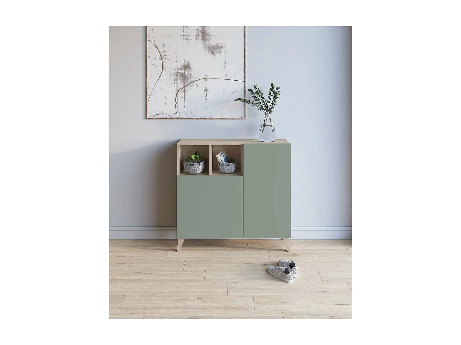 Recibidor zapatero modelo 510 acabado roble/verde, 90x90x26 (alto x ancho x fondo)