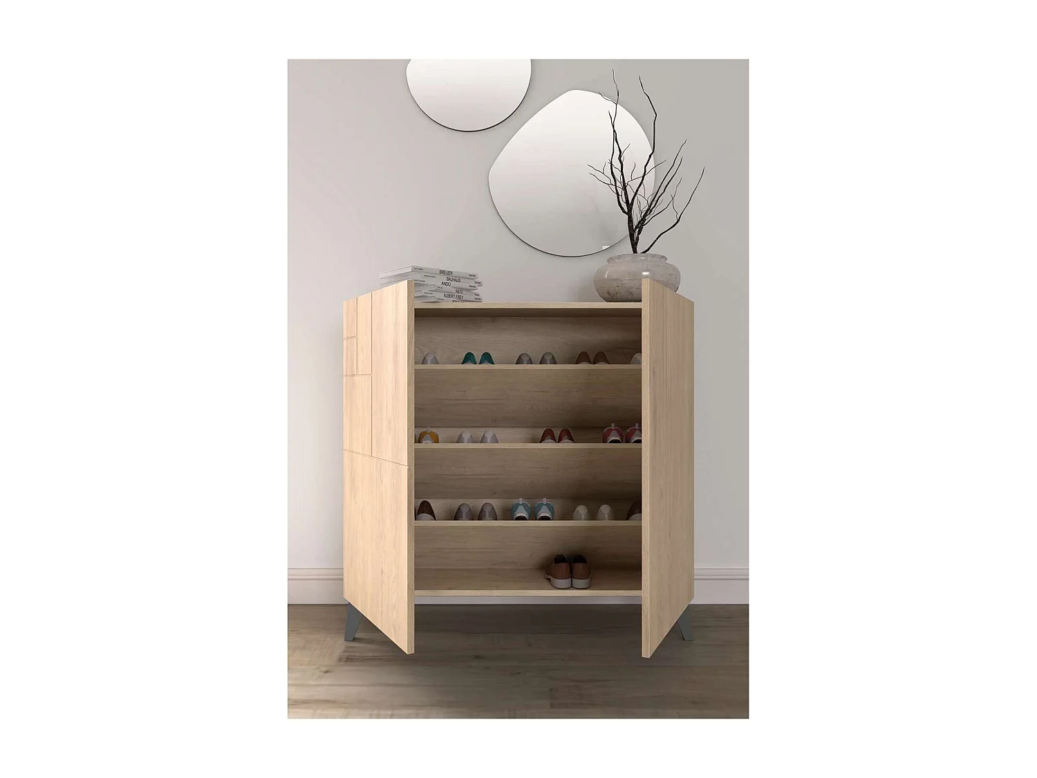 Zapatero modelo 512 acabado roble claro patas en grafito, 90x90x27 (alto x ancho x fondo)