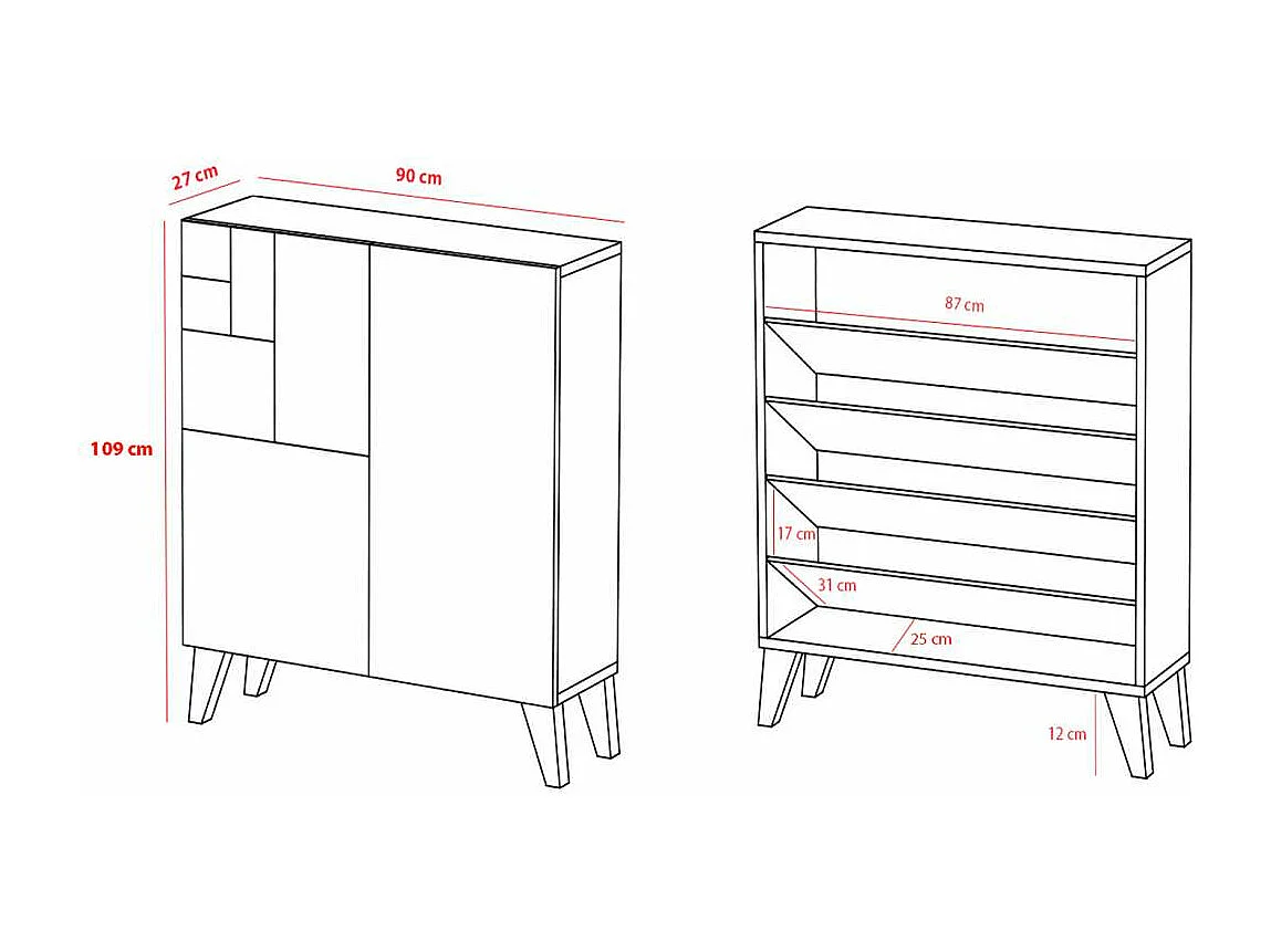 Zapatero 2 puertas modelo 514 acabado roble oscuro patas negras, 112x90x27 (alto x ancho x