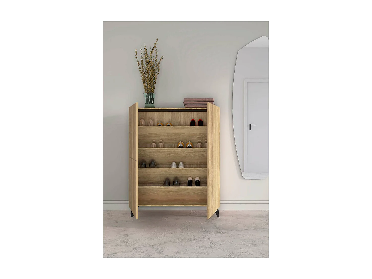 Zapatero 2 puertas modelo 514 acabado roble oscuro patas negras, 112x90x27 (alto x ancho x