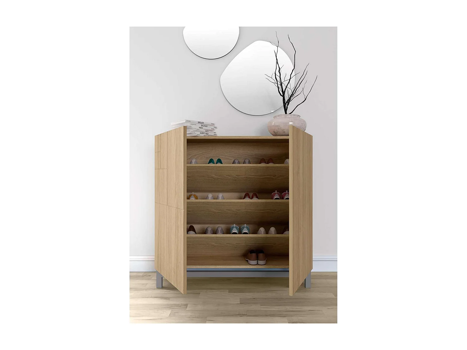 Zapatero 2 puertas modelo 513 acabado roble oscuro patas grises, 90x90x27 (alto x ancho x