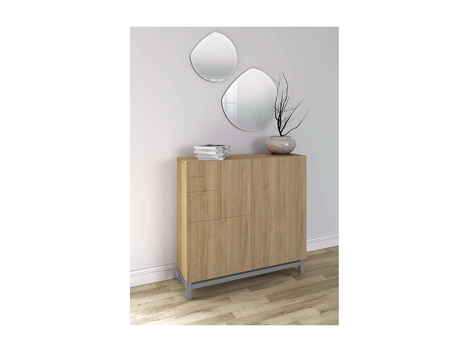 Zapatero 2 puertas modelo 513 acabado roble oscuro patas grises, 90x90x27 (alto x ancho x