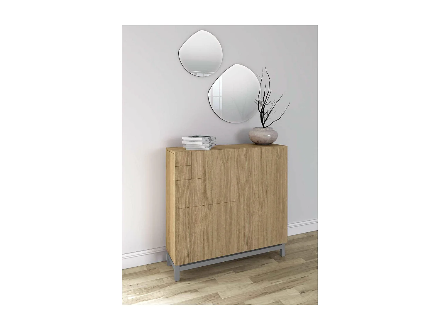 Zapatero 2 puertas modelo 513 acabado roble oscuro patas grises, 90x90x27 (alto x ancho x