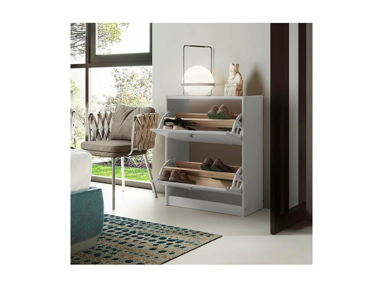 Zapatero 2 trampones acabado madera maciza de pino color blanco lavado 77.5cm(alto)63 cm(a