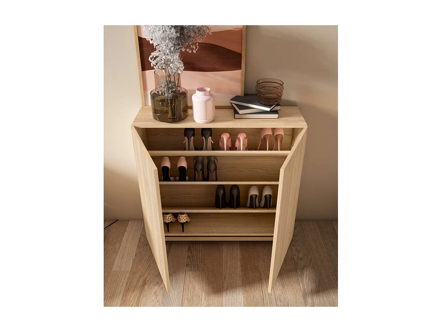 Zapatero 2 puertas modelo 513 acabado roble oscuro, 90x90x27 (alto x ancho x fondo)