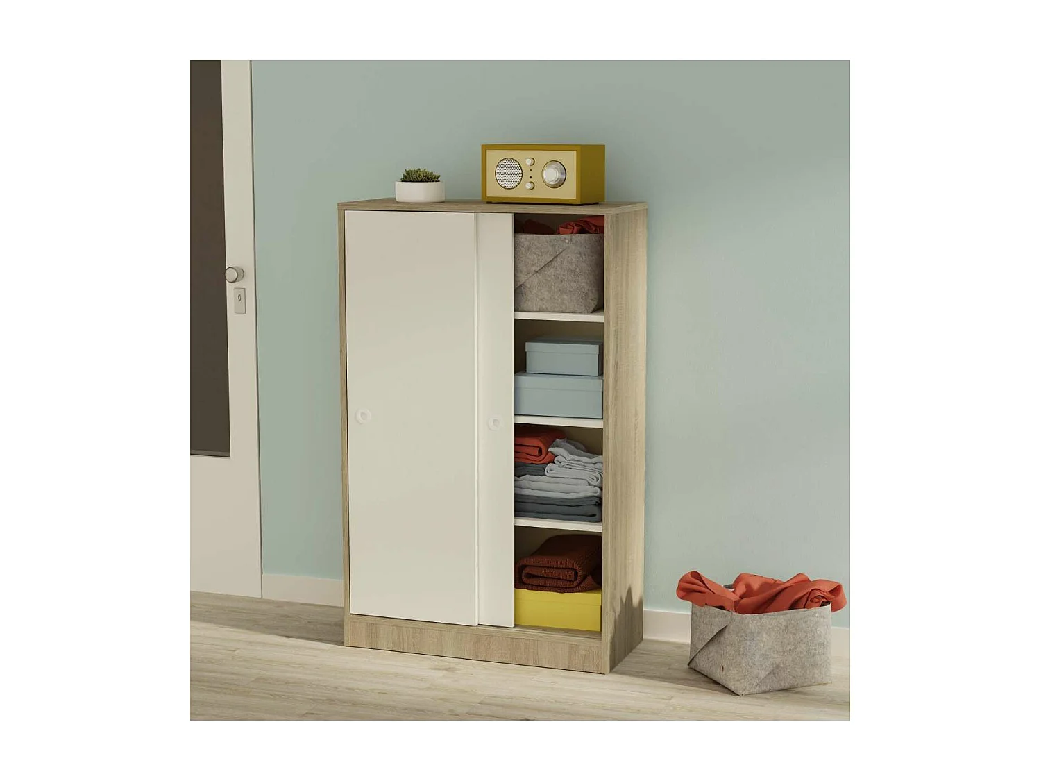 Armario bajo multiusos Tibet 2 correderas acabado roble cambrian/blanco, 120 cm(alto)74 cm