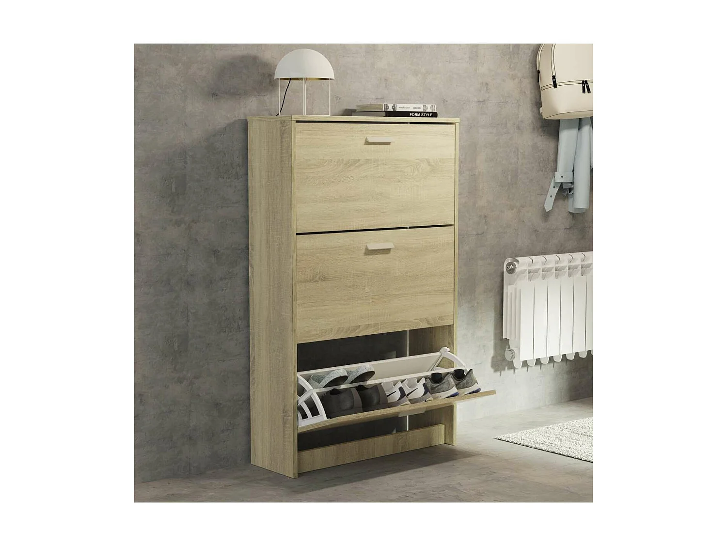 Zapatero 3 trampones Toledo en roble cambrian. 74cm(ancho) 119.5cm(altura) 25cm(fondo)