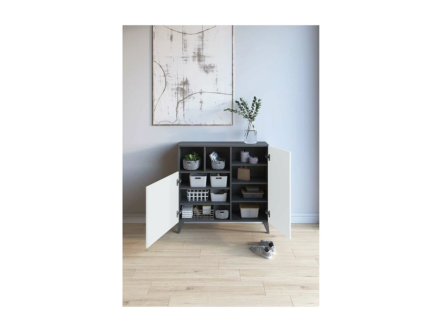 Zapatero modelo 510, acabado grafito/blanco, 90x90x26 (alto x ancho x fondo)