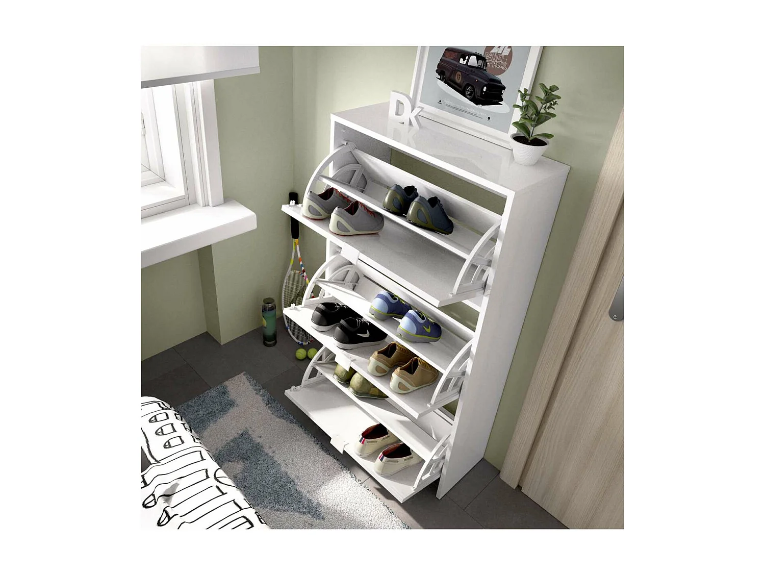 Zapatero 3 puertas Porcuna acabado blanco brillo, 61 cm(ancho) 113 cm(altura) 25 cm(fondo)