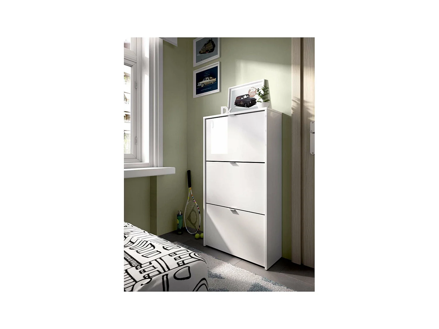 Zapatero 3 puertas Porcuna acabado blanco brillo, 61 cm(ancho) 113 cm(altura) 25 cm(fondo)