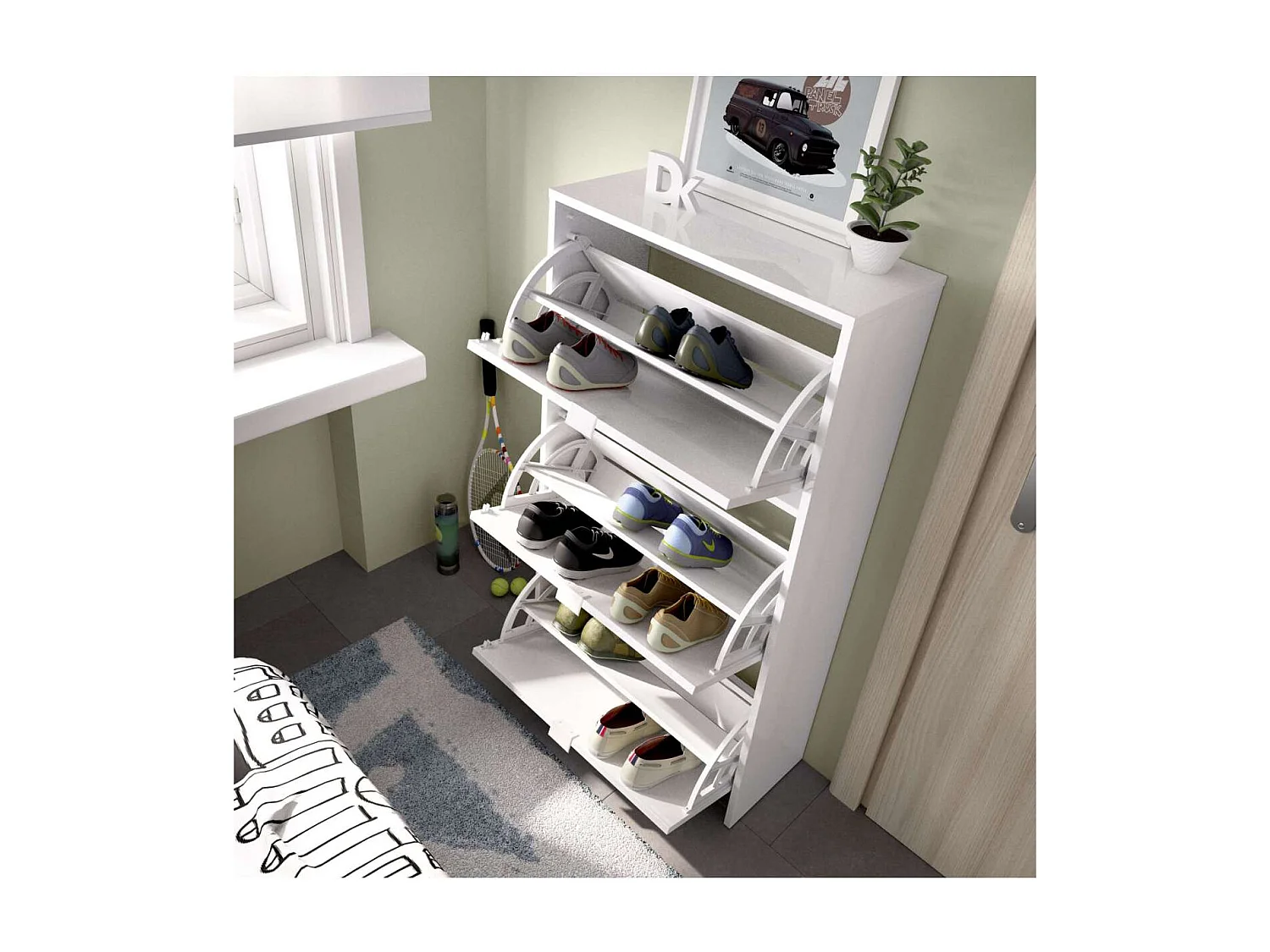 Zapatero 3 puertas Porcuna acabado blanco brillo, 61 cm(ancho) 113 cm(altura) 25 cm(fondo)