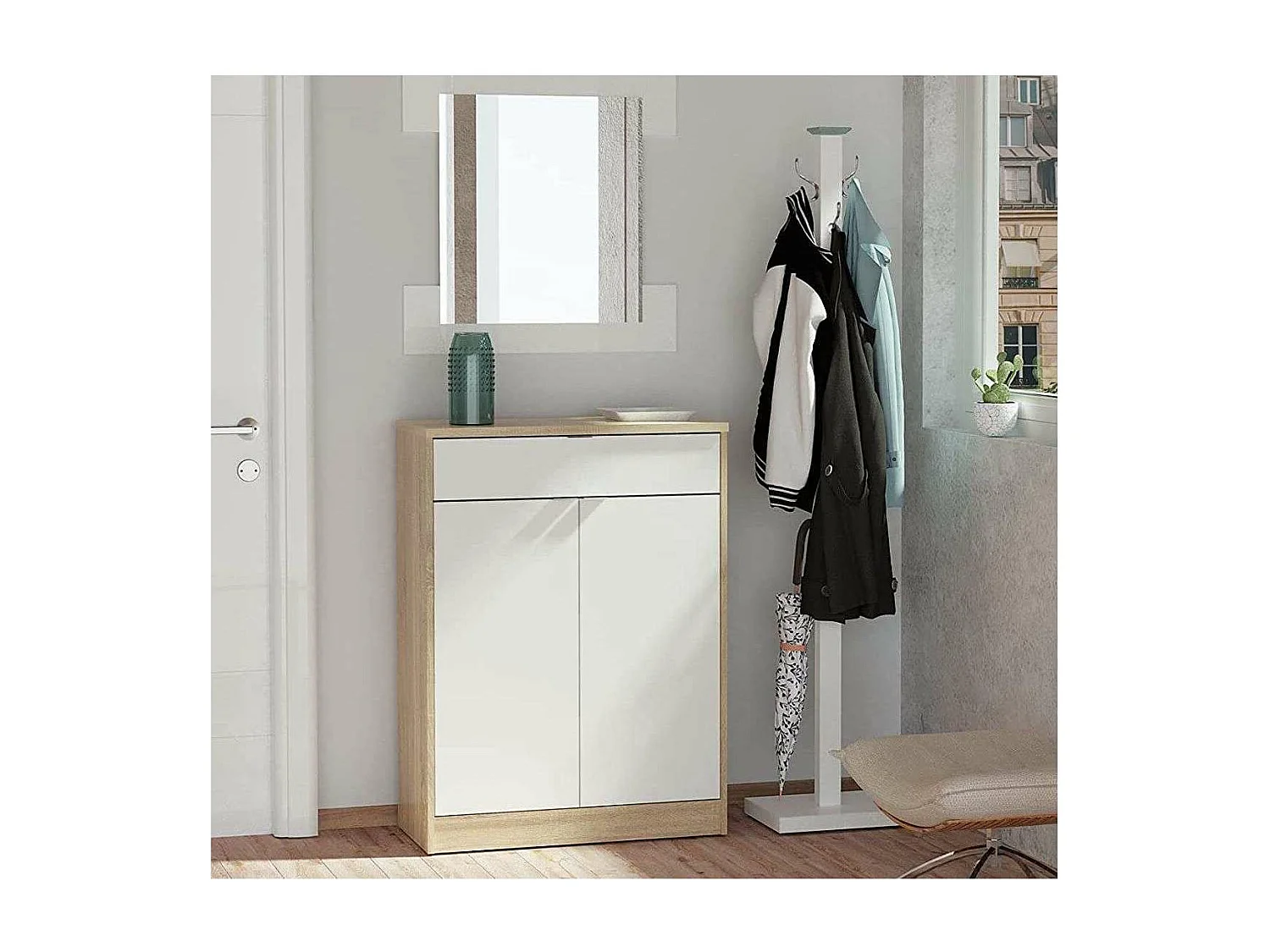 Armario Zapatero o recibidor Berlin en blanco y roble. 75 cm(ancho) 101 cm(altura) 36 cm(f