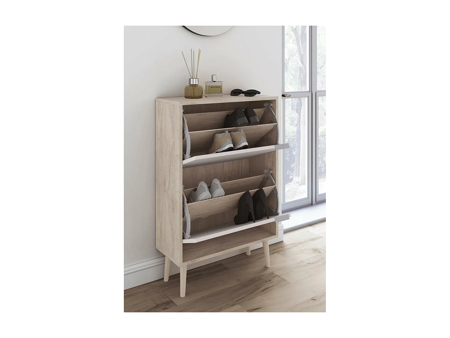 Zapatero 2 trampones modelo 527 acabado roble claro/blanco, 92x60x25 (alto x ancho x fondo