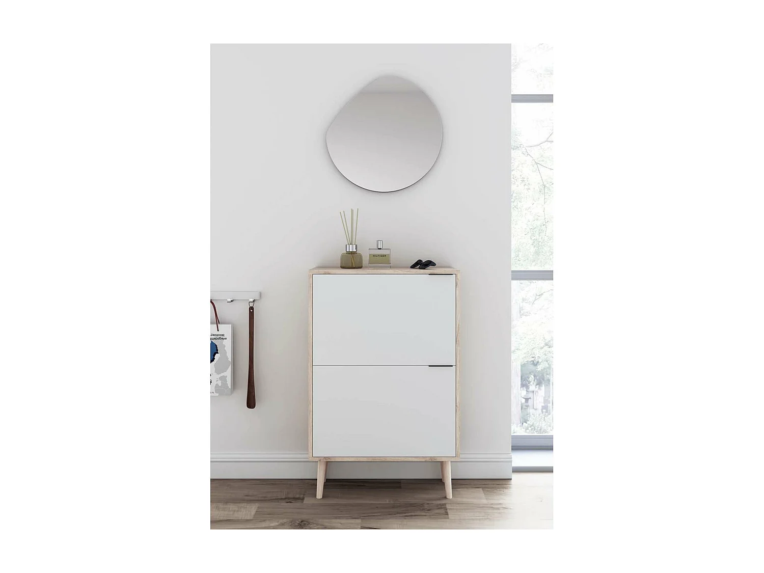 Zapatero 2 trampones modelo 527 acabado roble claro/blanco, 92x60x25 (alto x ancho x fondo